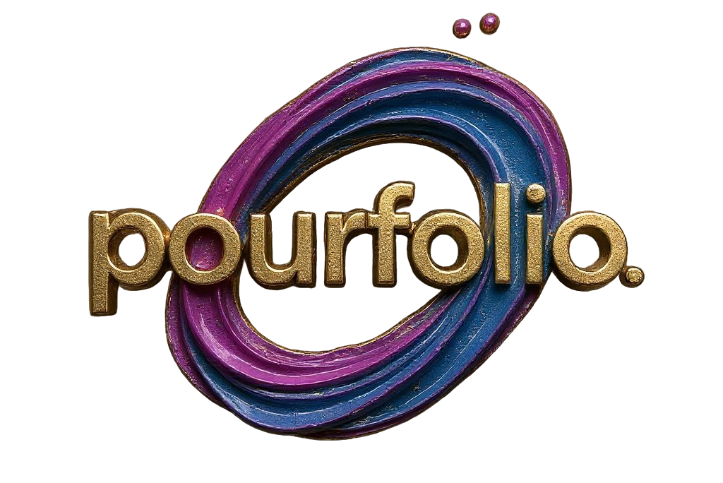 Logo for "PourFolio" with vibrant purple and pink colors on a cosmic background.
